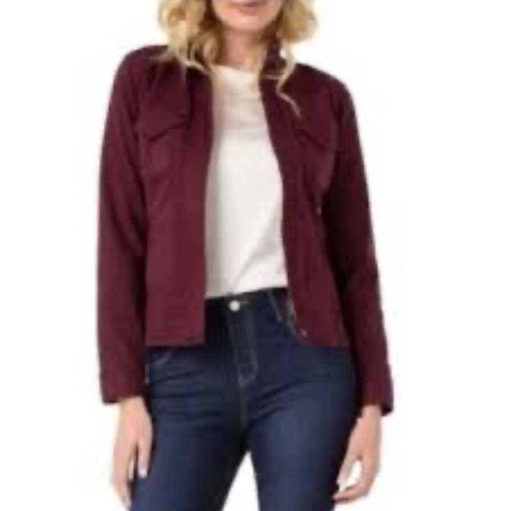 Liverpool Los Angeles women's denim trucker/utility jacket, COCOA BURGUNDY Sz S